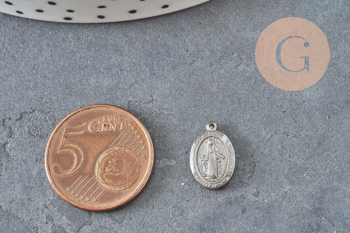 Pendentif médaille ovale Vierge Marie acier 304 inoxydable platine émaillée 13mm x1 ou x5 (G11389) VALIDE-Breloques et pendentifs-Gingerlily Perles