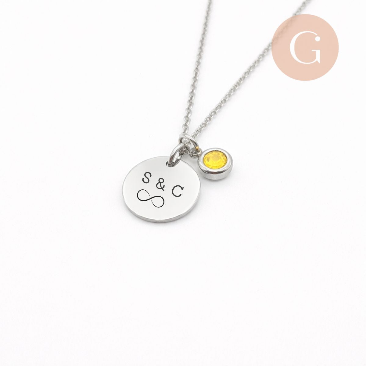 Collier personnalisé médaille gravée et pierre de naissance acier inoxydable 304, x1 (ADN10) (G11101)