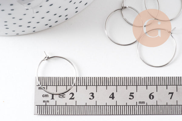 Anneaux créoles acier 304 inoxydable platine 20mm, x20-50-100 (G10846)