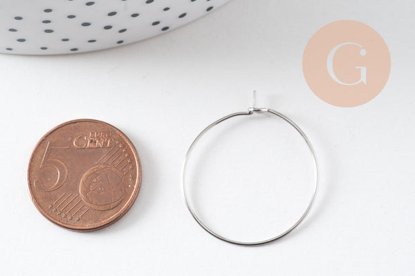 Anneaux créoles acier 304 inoxydable platine 25mm, x20-50-100 (G10845)