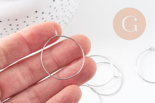 Anneaux créoles acier 304 inoxydable platine 30mm, x20-50-100 (G10844)