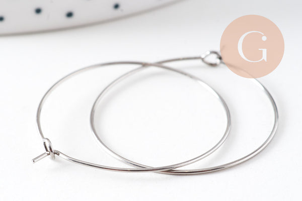 Anneaux créoles acier 304 inoxydable platine 30mm, x20-50-100 (G10844)