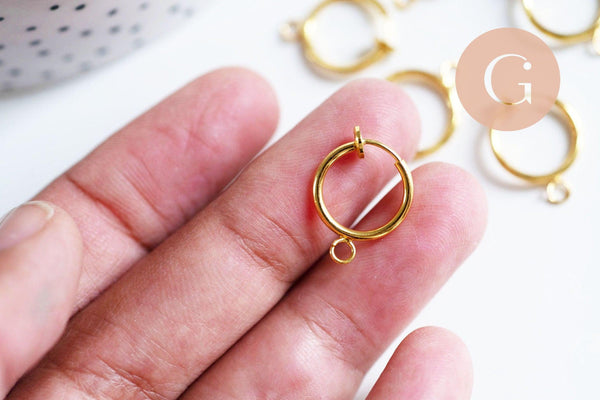Anneaux créoles acier doré 316 oreilles non percées 15.5mm, création boucles la paire (G6390)
