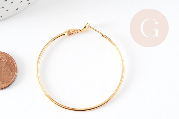 Anneaux créoles laiton doré 16K 40mm sans nickel, x2 (G6521)