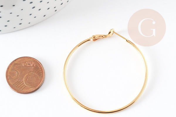 Anneaux créoles laiton doré 16K 40mm sans nickel, x2 (G6521)