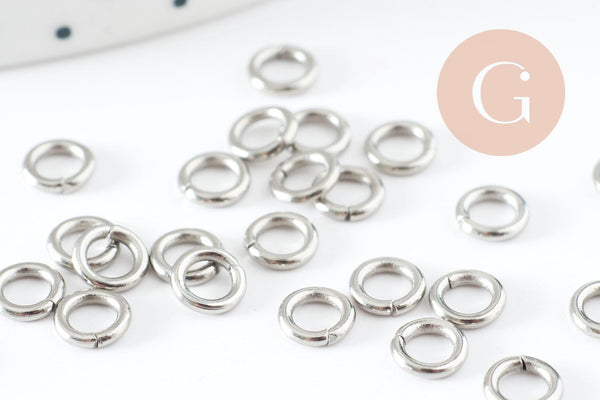 Anneaux de jonction ronds acier 304 platine inoxydable 5mm-1mm, x50 (G9390)