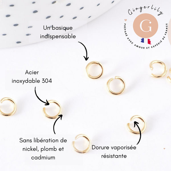 Anneaux ronds ouverts acier 304 inoxydable doré 6x1mm, x10 ou x50 (G2089)
