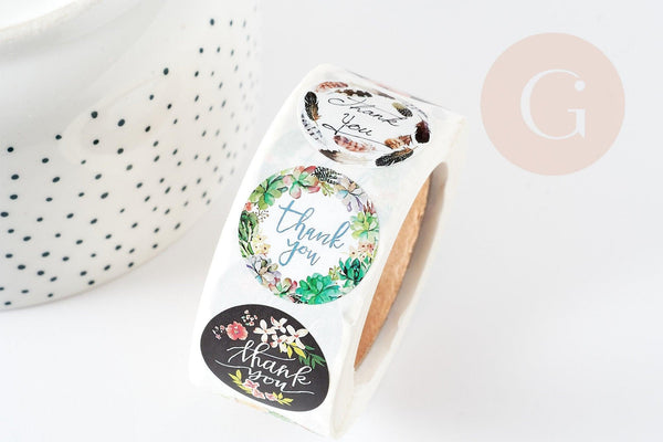 Autocollants ronds merci motif végétal 25mm, x500 (G2910)