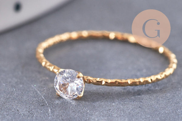 Bague Solitaire zircon acier 304 inoxydable doré ou platine taille 54, x1 (G10361)