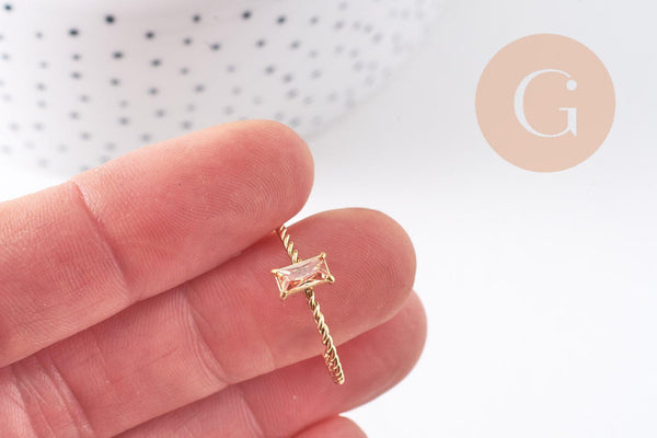 Bague Solitaire zircon rectangle Rose pêche acier 304 inoxydable doré, x1 (G10360)