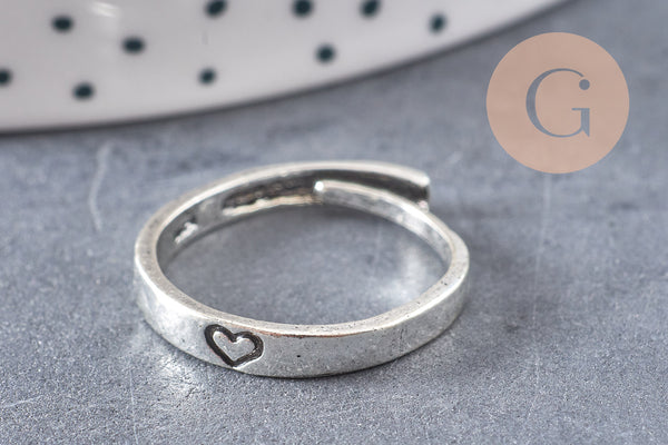 Bague fine réglable argenté gravée coeur 18mm, x1 (G1848)
