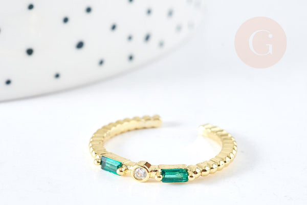 Bague fine réglable dorée 18k zircons verts 17.3mm, x1 (G8457)