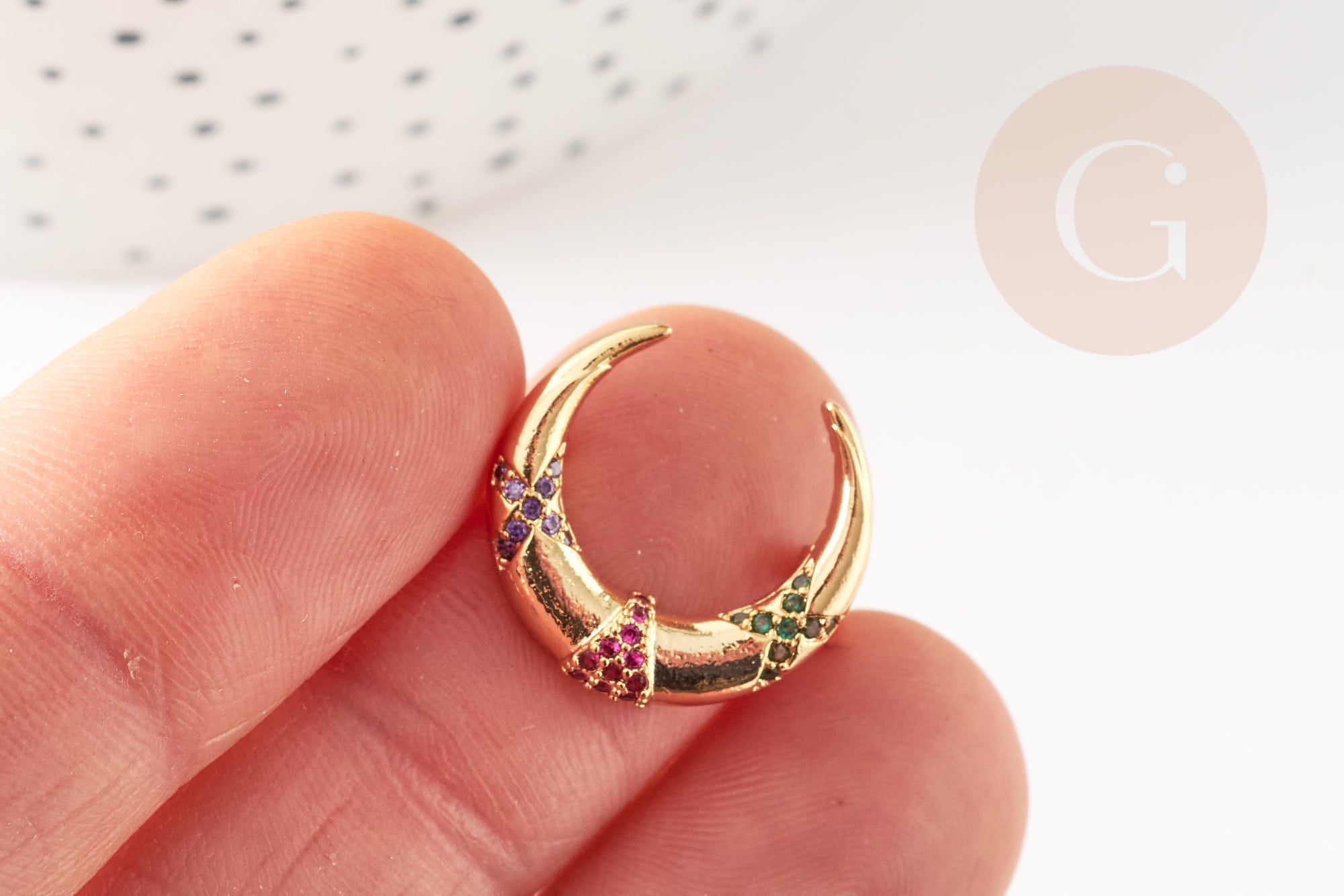 Bague laiton doré lune zircon coloré 16.5mm, x1 (G4252)