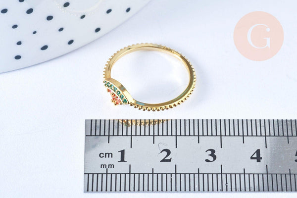 Bague pastèque fruit laiton doré 16K zircons rouges x1 (G6575)