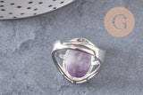 Bague réglable argentée améthyste naturelle 18mm, x1 (G6374)
