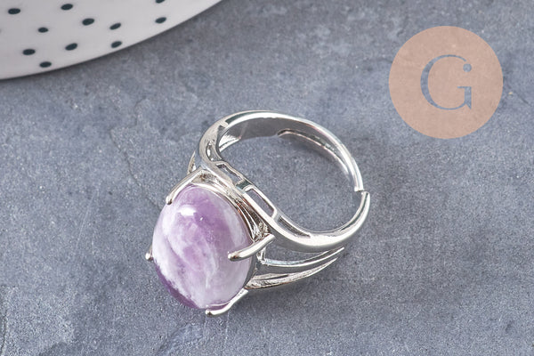 Bague réglable argentée améthyste naturelle 18mm, x1 (G6374)