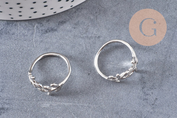 Bague réglable branche argenté et feuille 15mm, x1 (G0219)