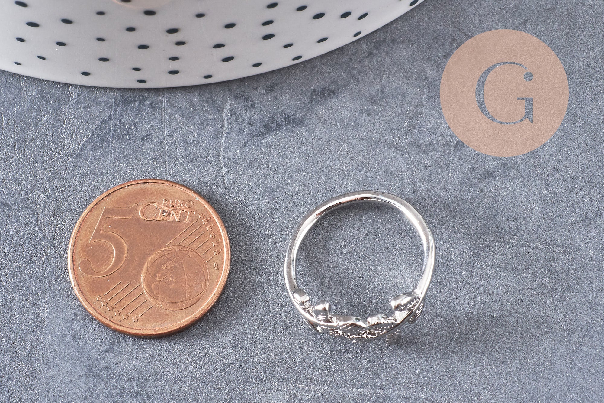 Bague réglable branche argenté et feuille 15mm, x1 (G0219)