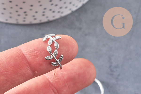Bague réglable branche argenté et feuille 15mm, x1 (G0219)