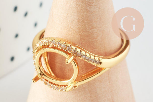 Bague réglable cabochon laiton doré zircon 17mm, x1 (G3959)