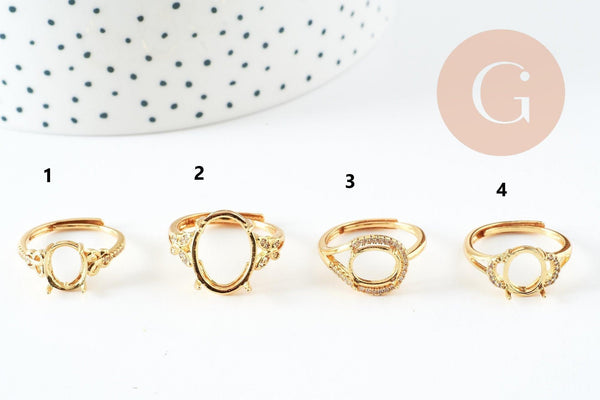 Bague réglable cabochon laiton doré zircon 17mm, x1 (G3959)