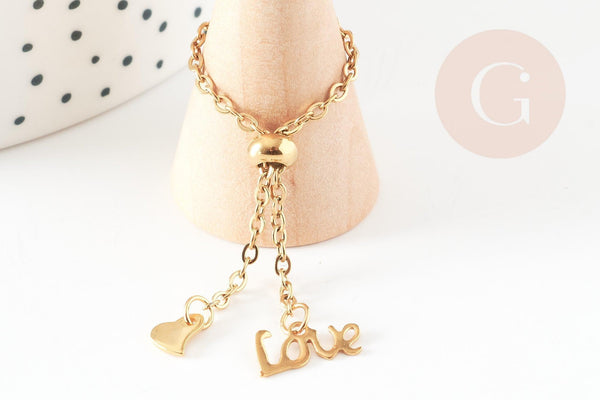 Bague réglable chaine acier or love 96mm, x1 (G3296)