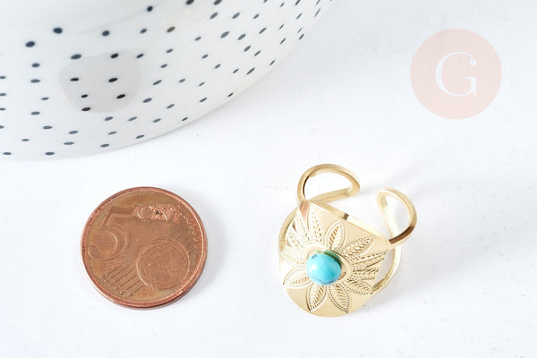Bague réglable dentelle Plumes pierre turquoise acier doré Taille 54, x1 (G7637)