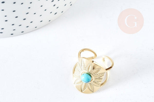 Bague réglable dentelle Plumes pierre turquoise acier doré Taille 54, x1 (G7637)
