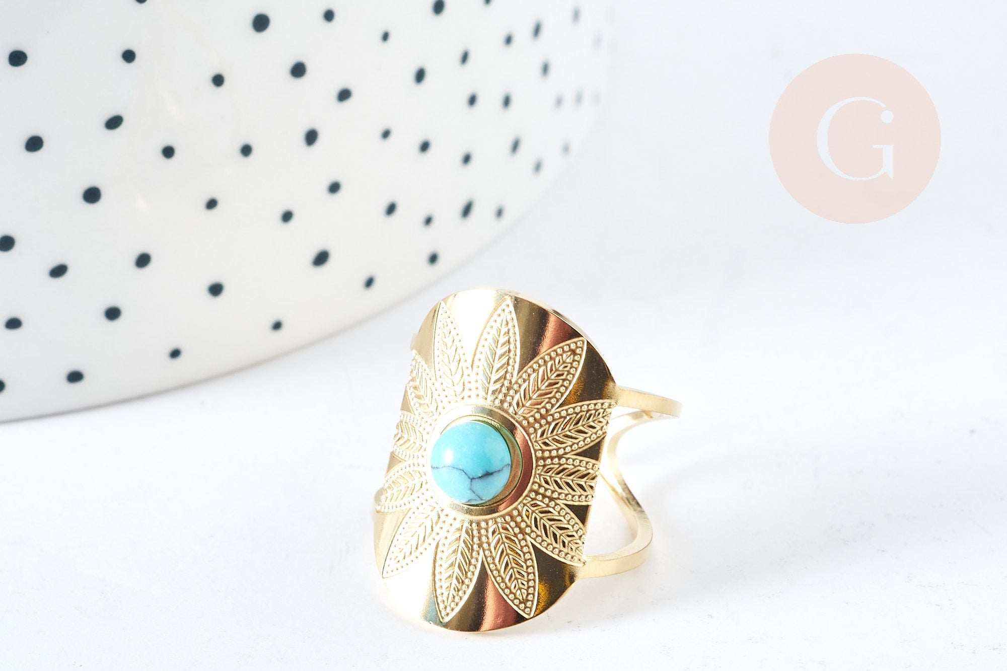Bague réglable dentelle Plumes pierre turquoise acier doré Taille 54, x1 (G7637)