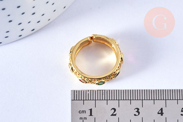 Bague réglable dorée 18k zircons colorés 18.5mm, x1 (G6885)