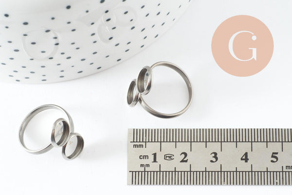 Bague réglable double cabochon rond 8mm acier platine inoxydable 16.8mm, x1 (G9705)