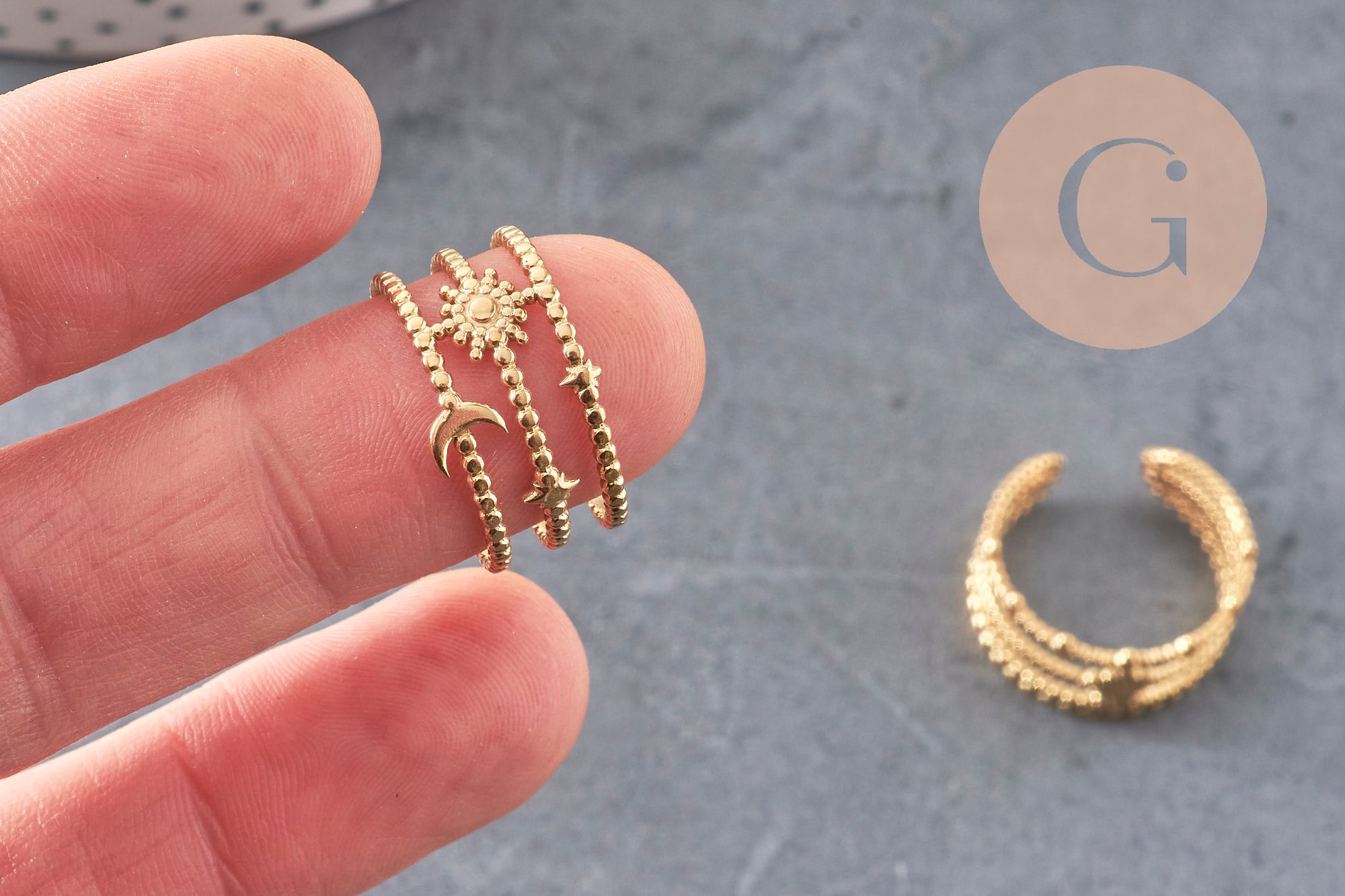 Bague réglable étoile acier doré 304 inoxydable taille 57, x1 (G7639)