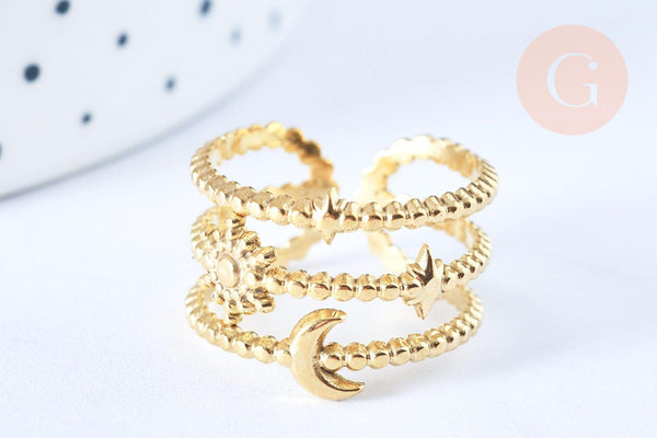 Bague réglable étoile lune acier 304 inoxydable doré taille 54, x1 (G6413)