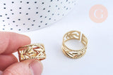 Bague réglable feuille acier doré taille 54, x1 (G6603)