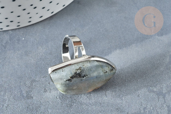 Bague réglable feuille laiton argenté labradorite naturelle 18.5mm,x1 (G7365)