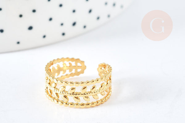 Bague réglable feuille laurier acier 304 inoxydable doré IP taille 54, x1 (G7018)
