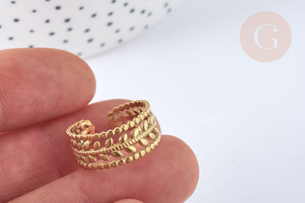 Bague réglable feuille laurier acier 304 inoxydable doré IP taille 54, x1 (G7018)