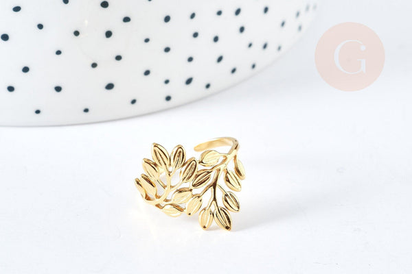 Bague réglable feuille laurier acier doré 304 inoxydable taille 54, x1 (G7642)