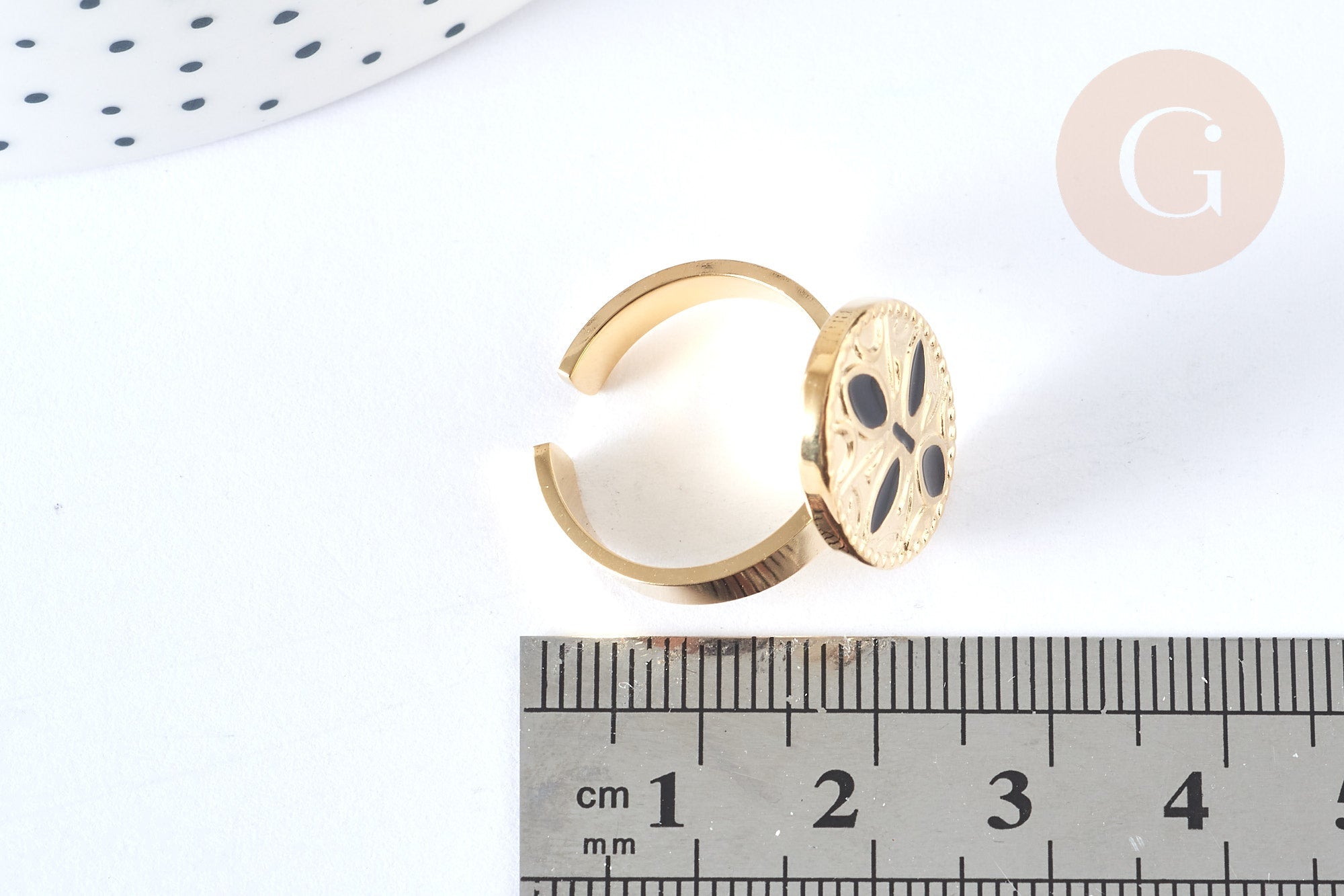Bague réglable fleur acier inoxydable doré émail noir Taille 54, x1 (G7028)