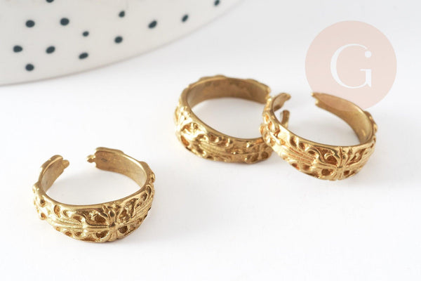 Bague réglable gravée dentelle fine laiton brut 16mm, x2 (G3747)