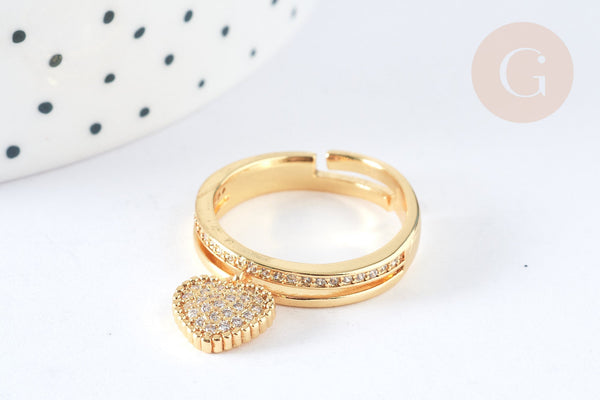 Bague réglable laiton doré breloque cœur zircons taille 57-18mm, x1 (G7314)