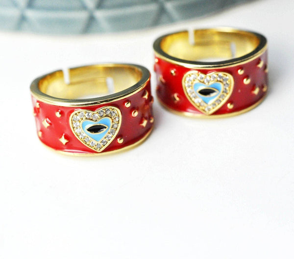 Bague réglable laiton doré émail rouge oeil protecteur 18mm, x1 (G4248)