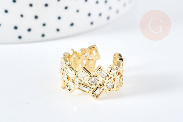Bague réglable laiton doré géométrique zircon 18.5mm, x1 (G8349)