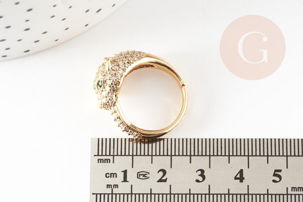 Bague réglable laiton doré léopard zircons blancs 17mm, x1 (G4361)