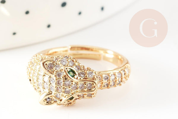Bague réglable laiton doré léopard zircons blancs 17mm, x1 (G4361)