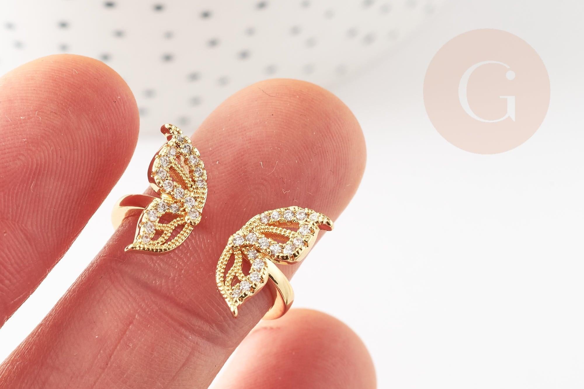 Bague réglable laiton doré papillon zircon 17.1mm, x1 (G4354)