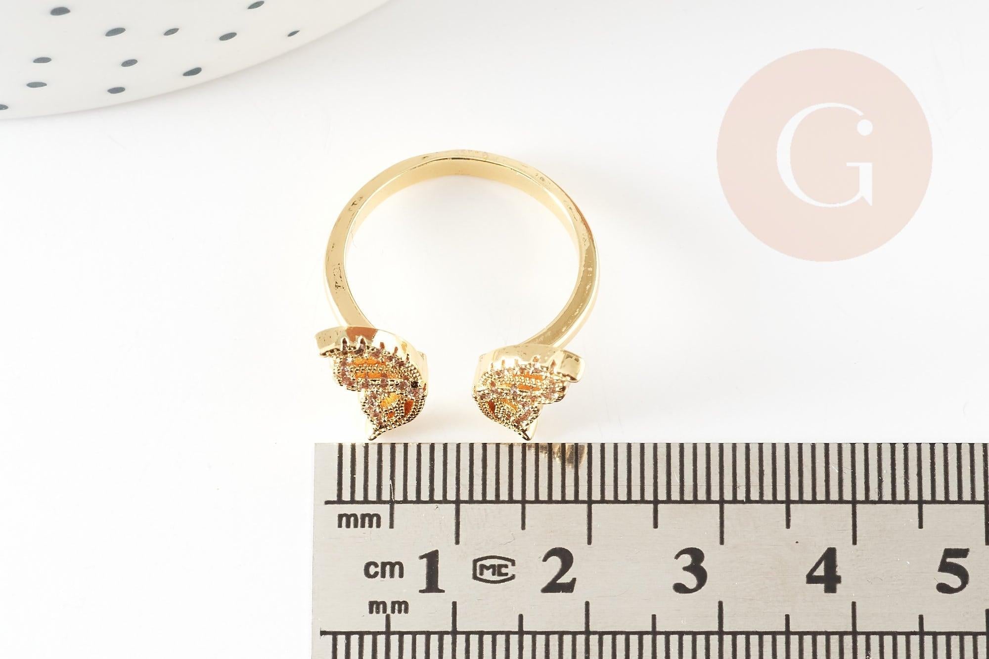 Bague réglable laiton doré papillon zircon 17.1mm, x1 (G4354)