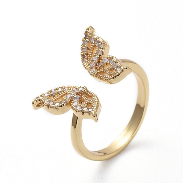 Bague réglable laiton doré papillon zircon 17.1mm, x1 (G4354)