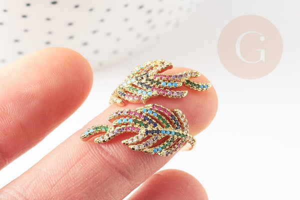 Bague réglable laiton feuille laurier zircons coloré 17.5mm, x1 (G4247)
