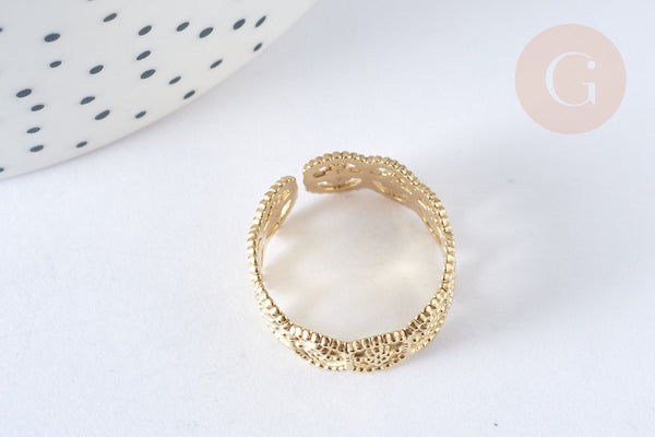 Bague réglable large chevrons dentelle acier inoxydable doré 304 Taille 54, x1 (G7017)